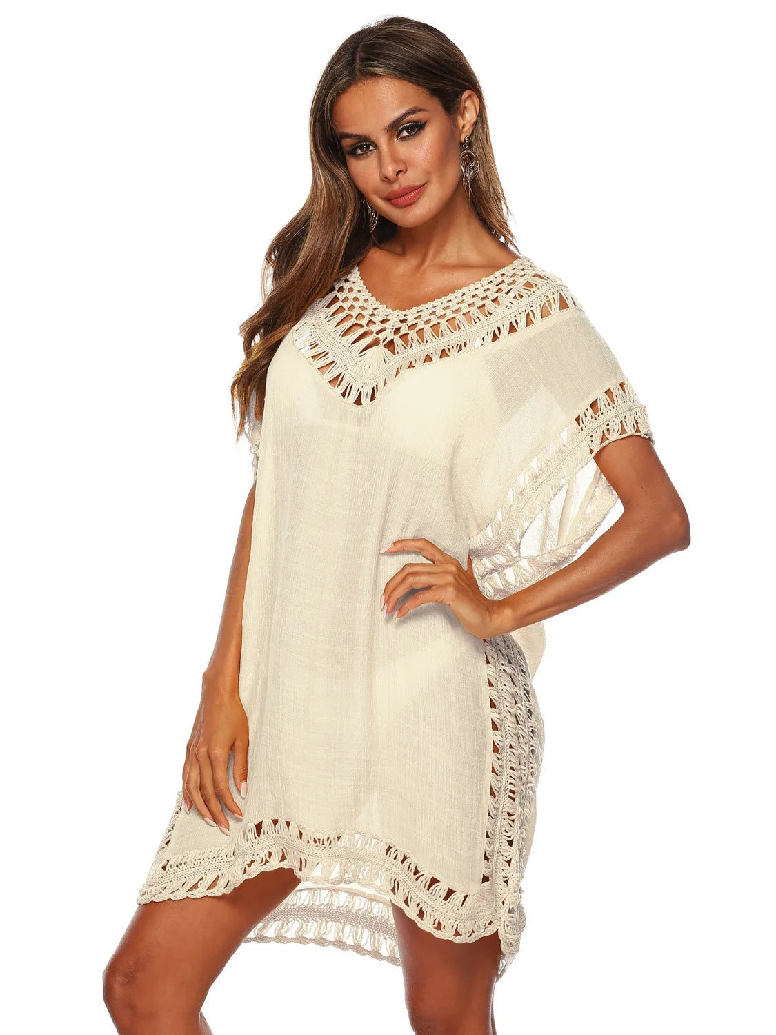 Bohemian Crochet Trim Beach Cover Up Dress - Tigbul's Variety Fashion Shop