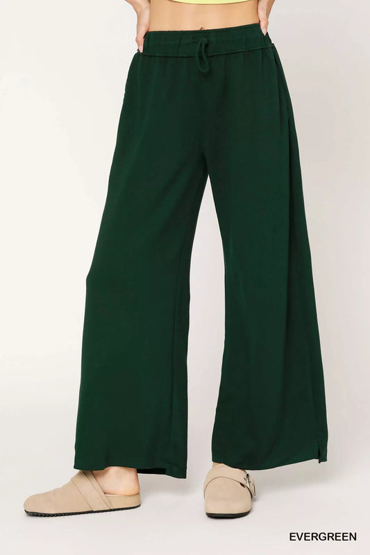Umgee Elastic Drawstring Waistband Wide Leg Pants - Tigbul's Variety Fashion Shop