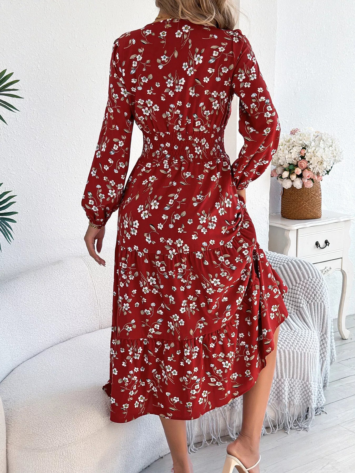 Floral Print Long Sleeve V-Neck Midi Dress - Tigbul's Variety Fashion Shop