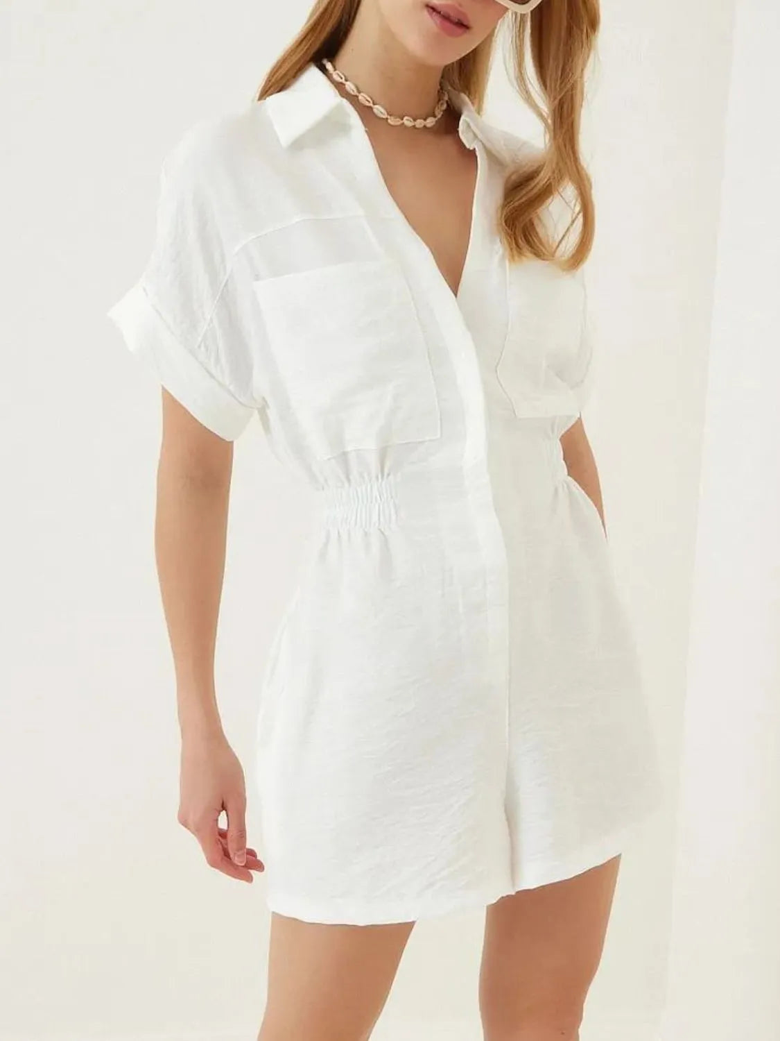 Johnny Collar Short Sleeve Romper - Tigbul's Variety Fashion Shop