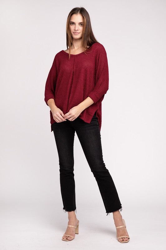 3/4 Sleeve V-Neck Hi-Low Hem Jacquard Sweater - Tigbul's Variety Fashion Shop