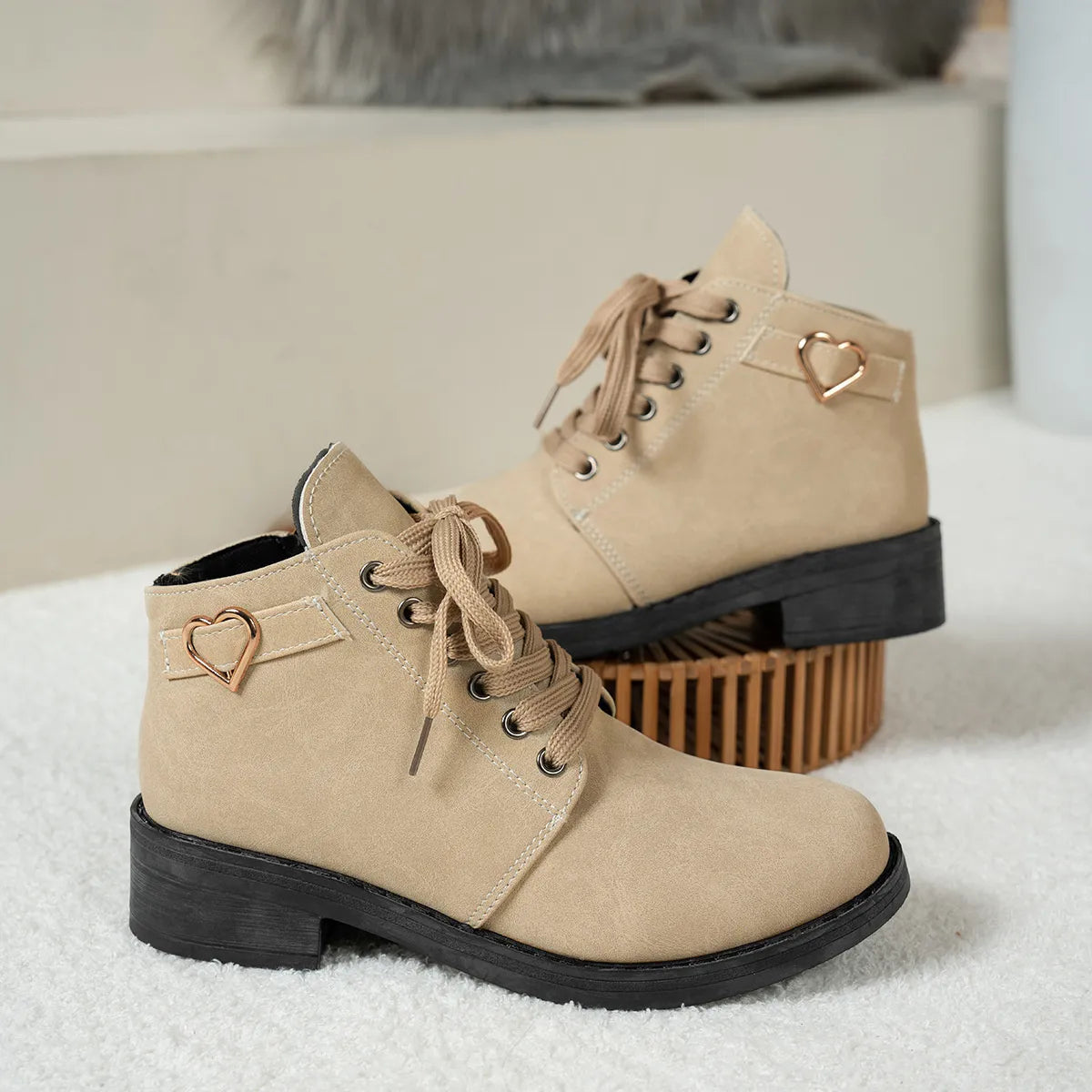 Lace-Up Ankle Boots with Heart Charm Detail - Tigbul's Variety Fashion Shop