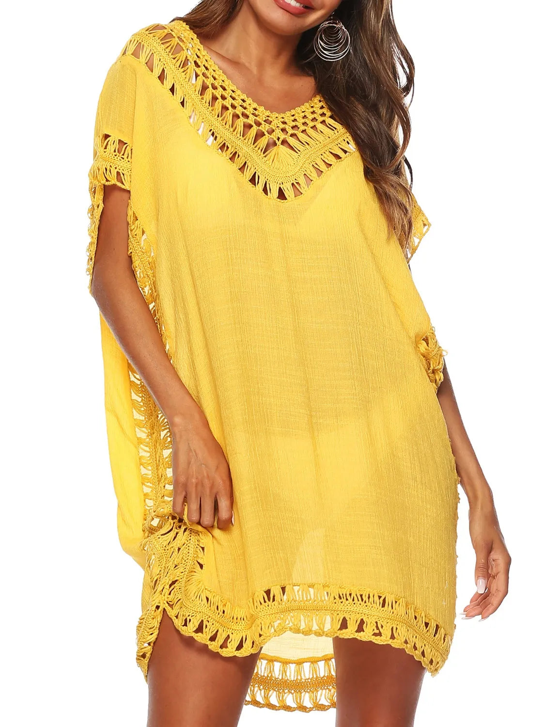 Bohemian Crochet Trim Beach Cover Up Dress - Tigbul's Variety Fashion Shop