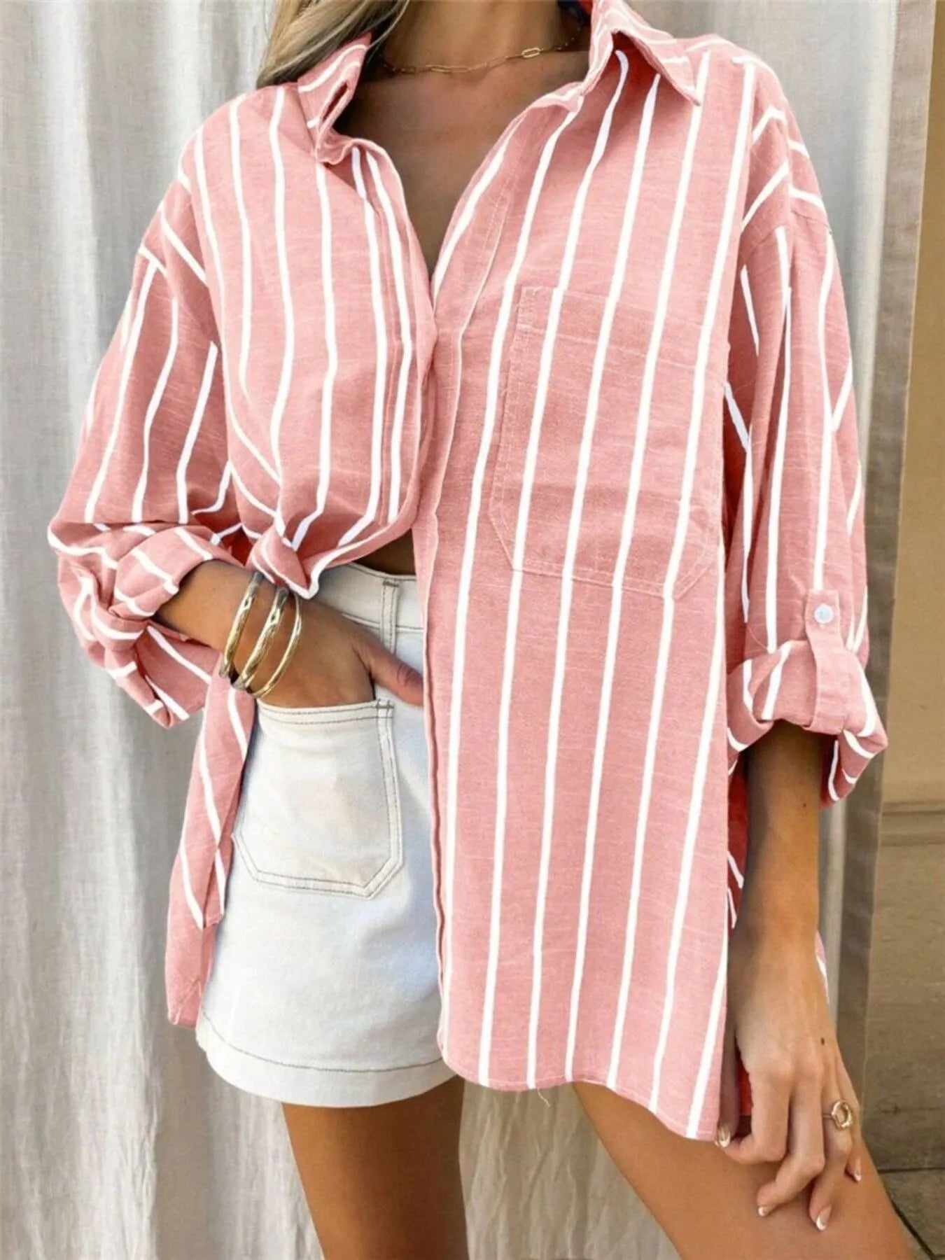 Striped Button-Up Shirt with Chest Pocket - Tigbul's Variety Fashion Shop
