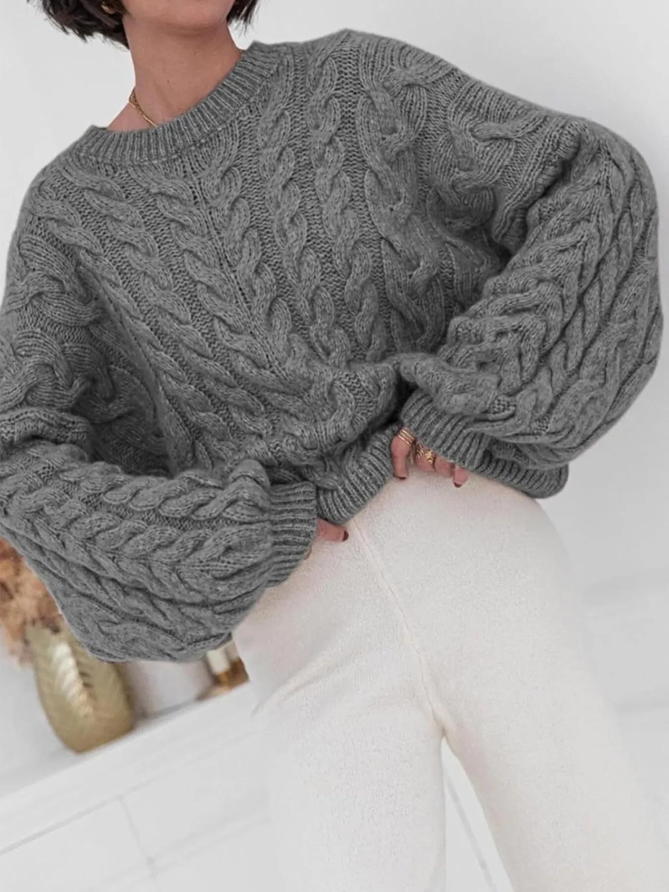 Cable Knit Long Sleeve Sweater - Tigbul's Variety Fashion Shop