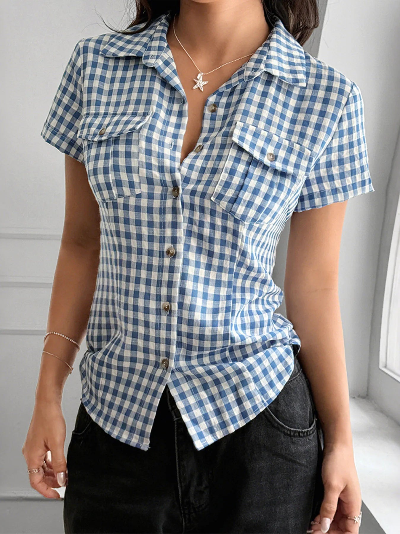 Gingham Check Short Sleeve Button-Up Shirt - Tigbul's Variety Fashion Shop