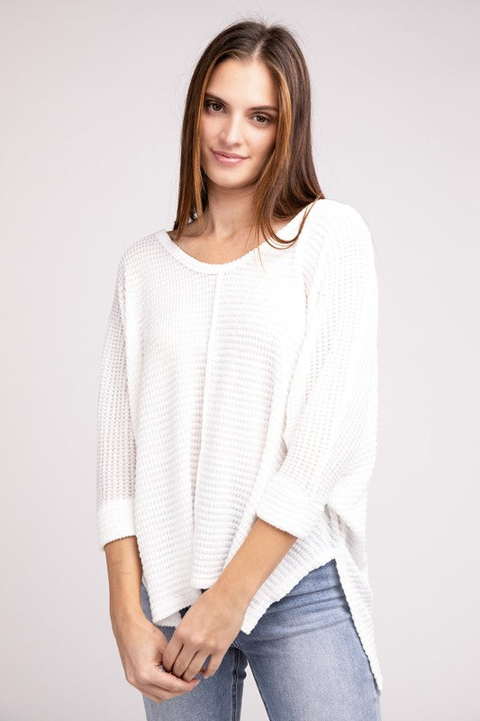 3/4 Sleeve V-Neck Hi-Low Hem Jacquard Sweater - Tigbul's Variety Fashion Shop