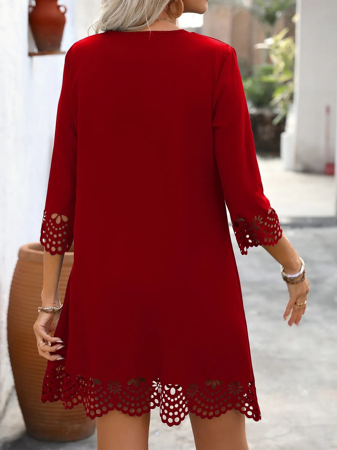 Cutout V-Neck Three-Quarter Sleeve Mini Dress - Tigbul's Variety Fashion Shop