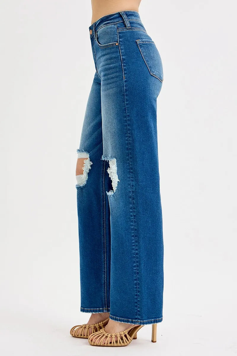 RISEN Full Size Mid Waist Fit Boyfriend Knee Distressed Jeans Plus Size - Tigbul's Variety Fashion Shop