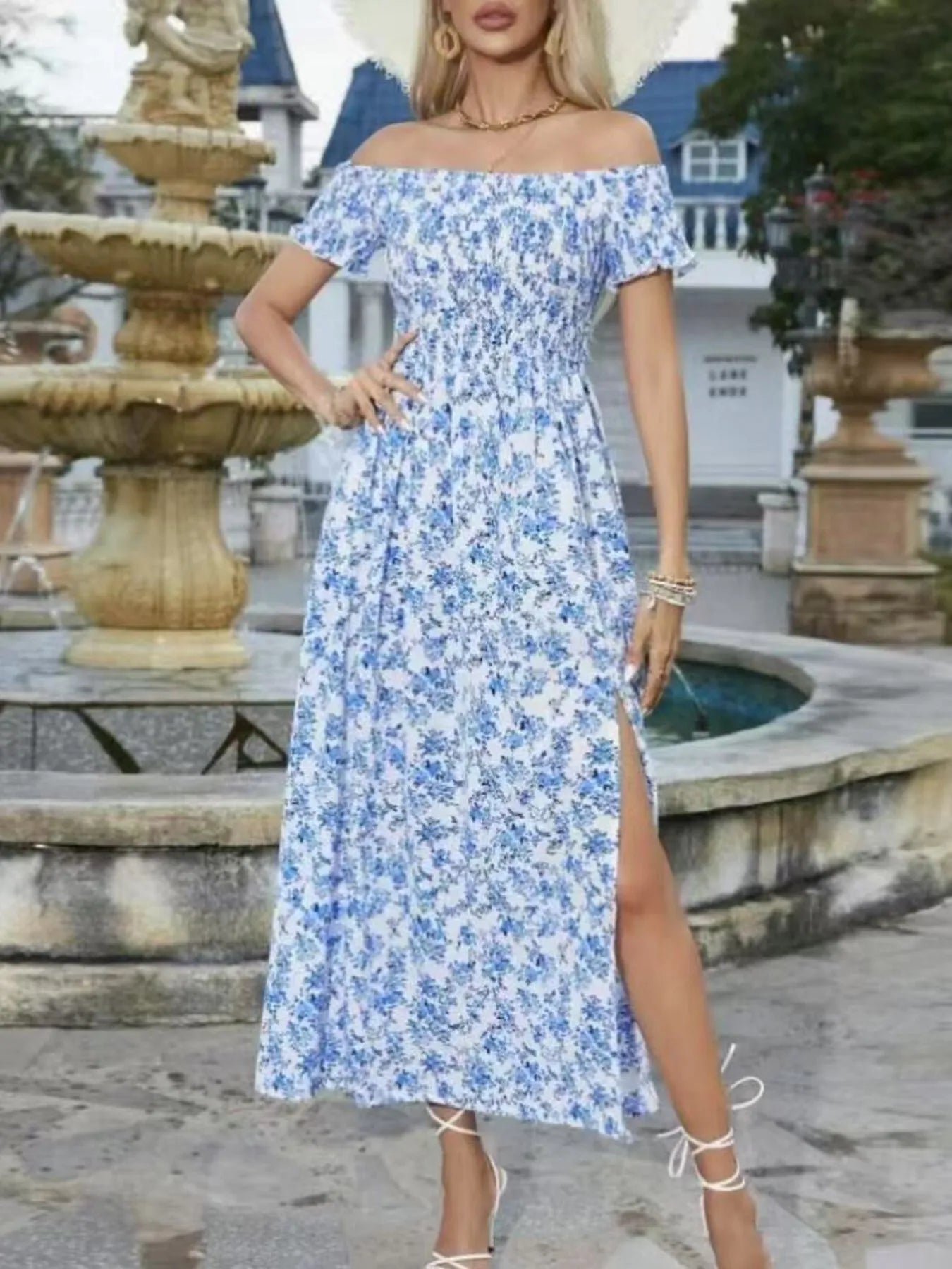 Full Size Slit Off-Shoulder Floral Midi Dress Plus Size - Tigbul's Variety Fashion Shop