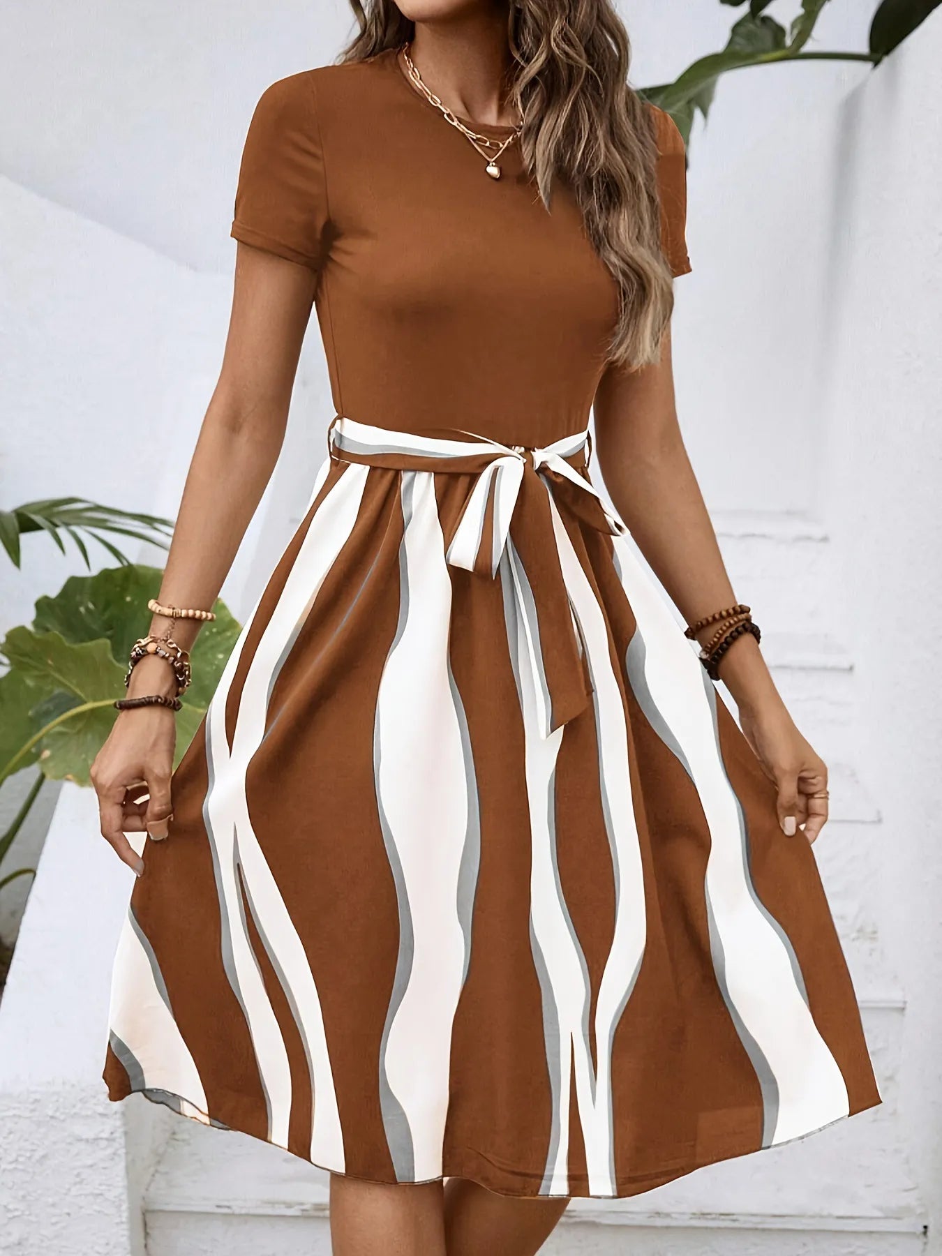 Striped Short Sleeve Tie Waist Dress - Tigbul's Variety Fashion Shop