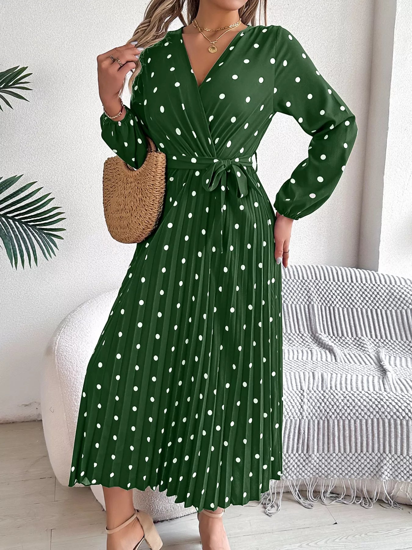 Front Tie Polka Dot Midi Pleated Dress - Tigbul's Variety Fashion Shop