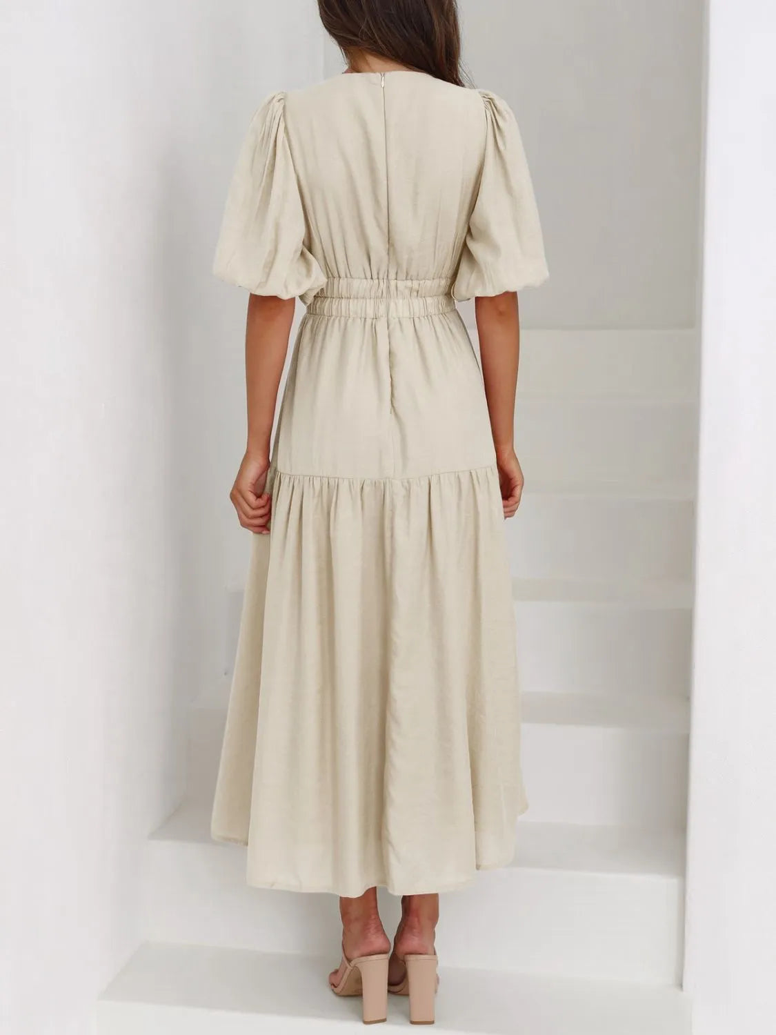 V-Neck Puff Sleeve Midi Dress - Tigbul's Variety Fashion Shop