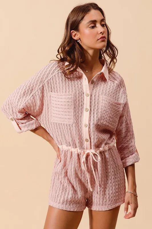 Pink Textured Knit Button Front Romper - Tigbul's Variety Fashion Shop