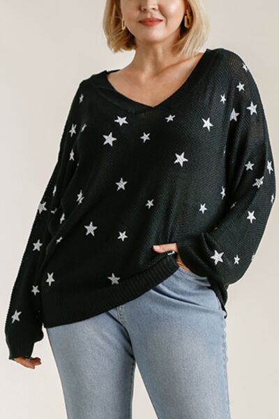 Black Star V-Neck Long Sleeve Sweater - Tigbul's Variety Fashion Shop