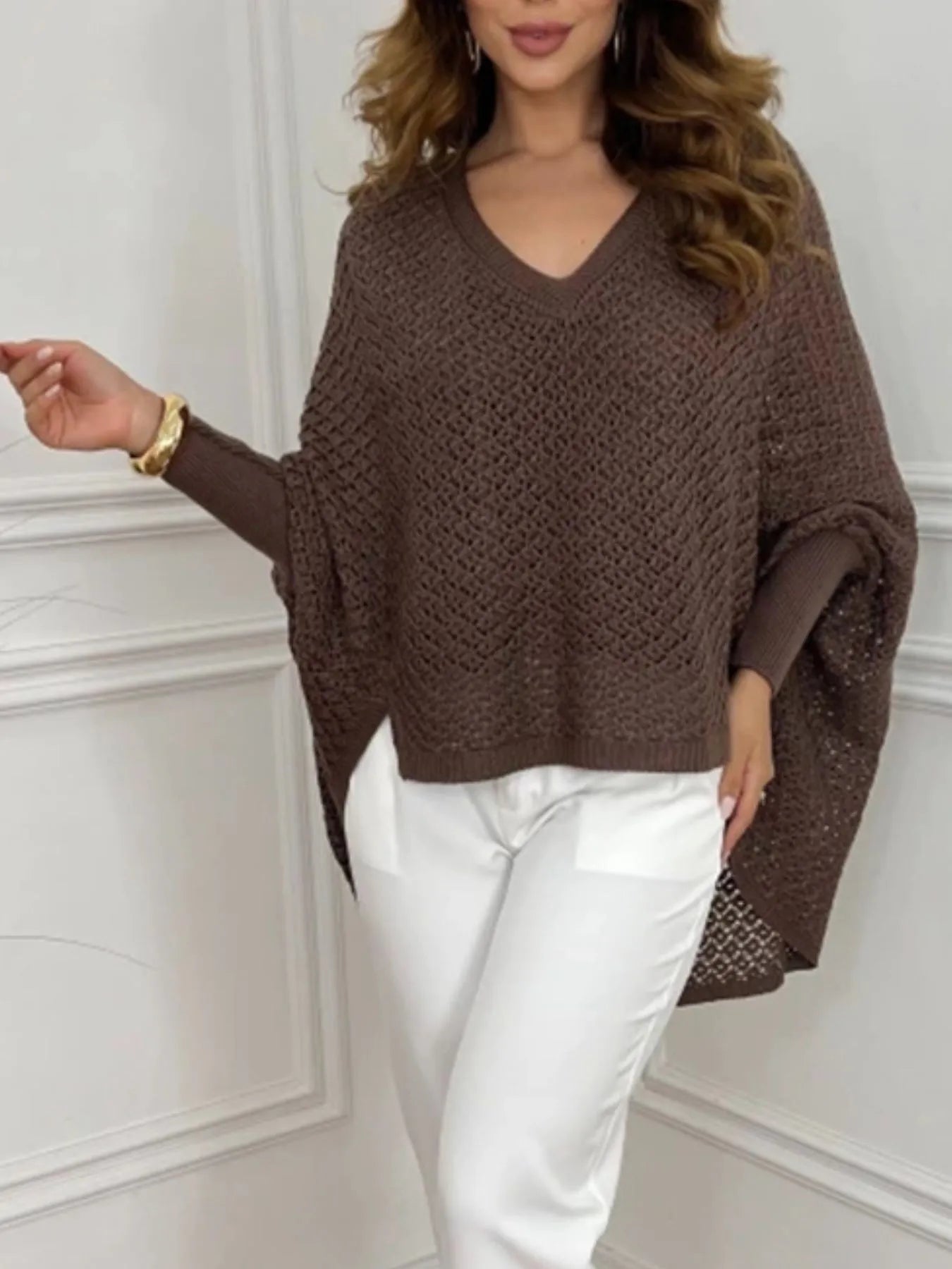 Crochet V-Neck Batwing Sleeves Oversized Sweater - Tigbul's Variety Fashion Shop