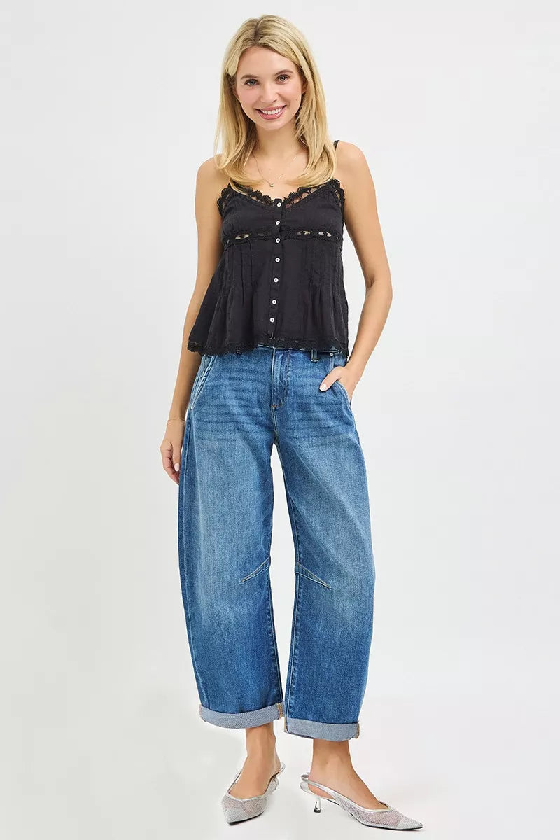 RISEN Slouchy Cropped Barrel Jeans With Cuffed Hem - Tigbul's Variety Fashion Shop