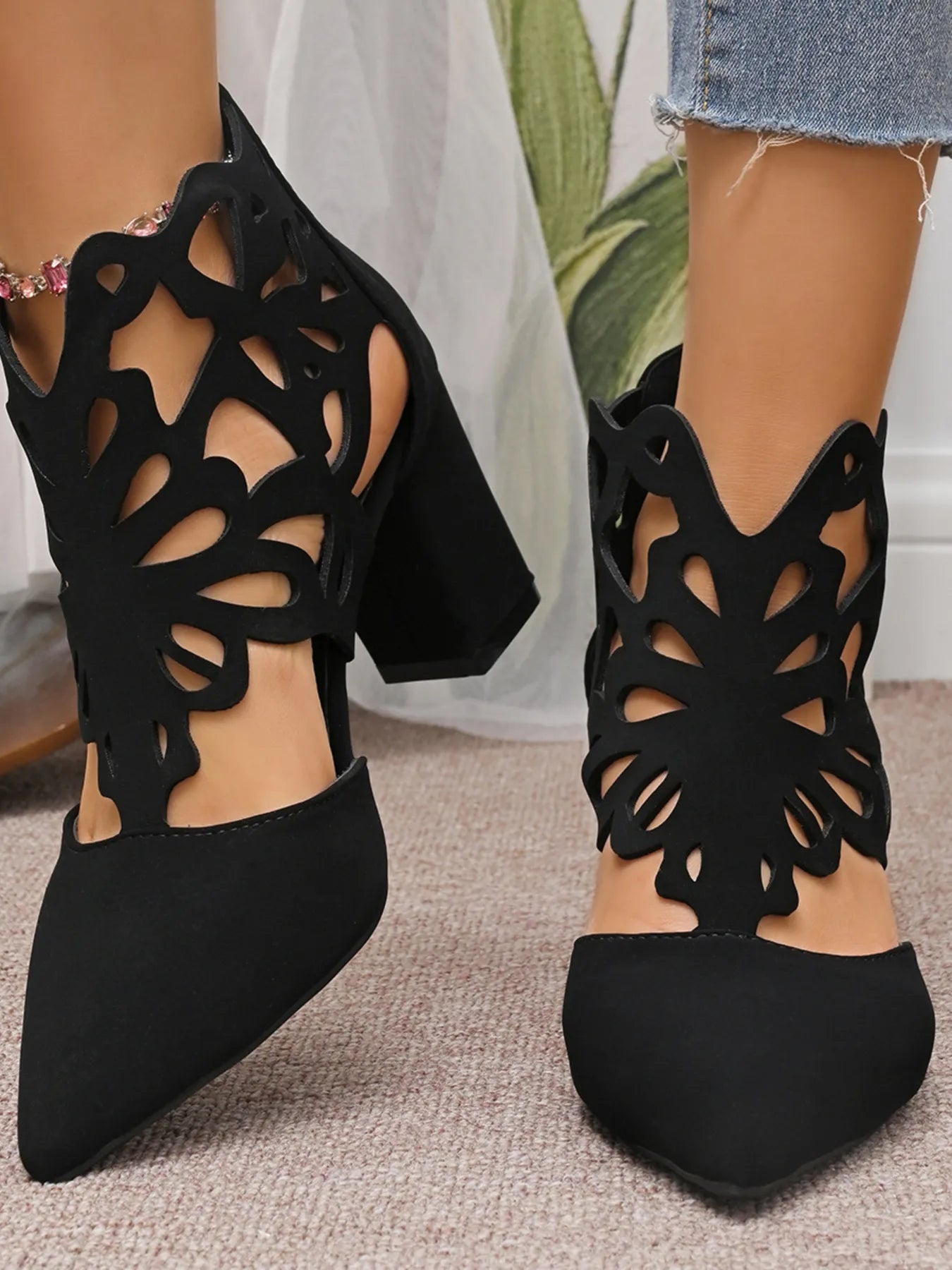 Pointed Toe Cut-Out Block Heel Pumps - Tigbul's Variety Fashion Shop