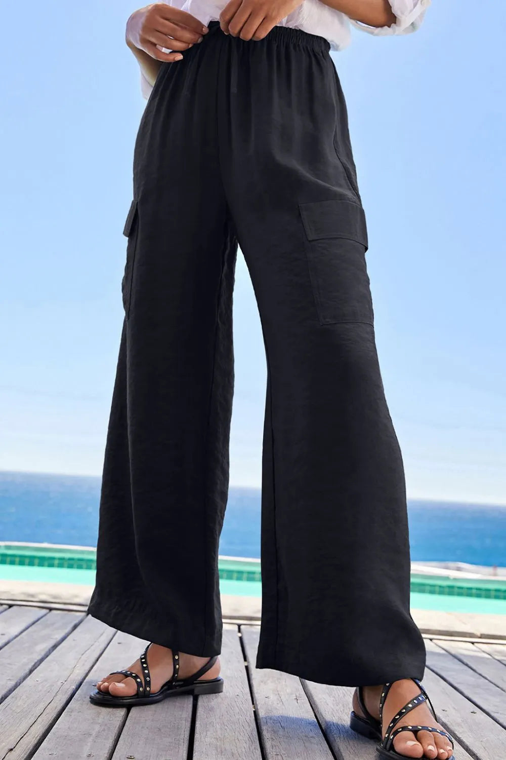 Drawstring Frilled Waist Wide Leg Utility Trousers - Tigbul's Variety Fashion Shop