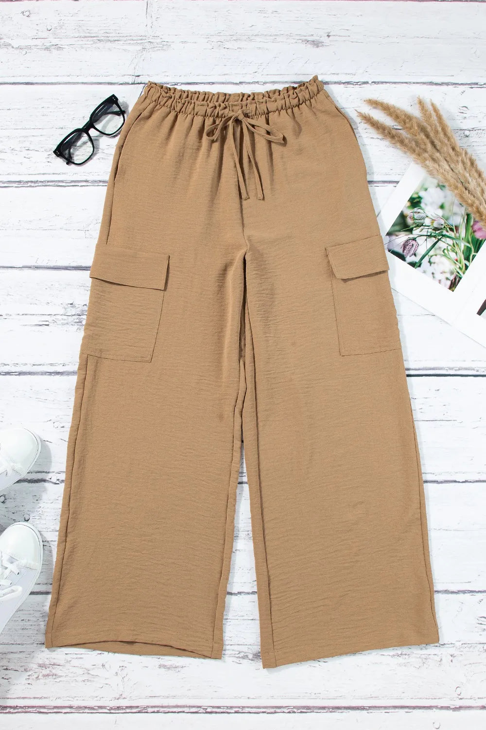 Drawstring Frilled Waist Wide Leg Utility Trousers - Tigbul's Variety Fashion Shop