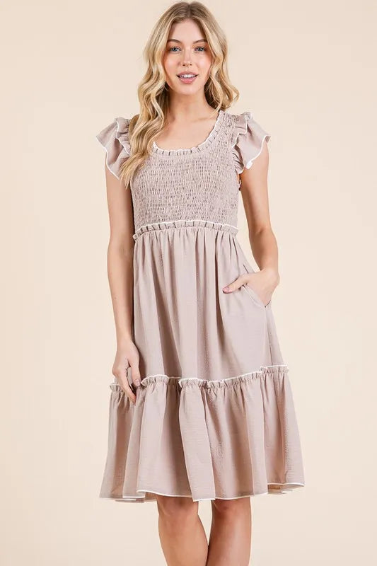 Taupe Color Ruffle Trim Smocked Dress - Tigbul's Variety Fashion Shop