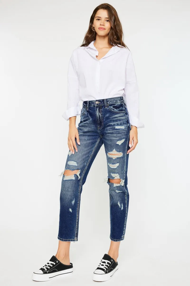 Kancan High Rise Distressed Mom Fit Jeans - Tigbul's Variety Fashion Shop