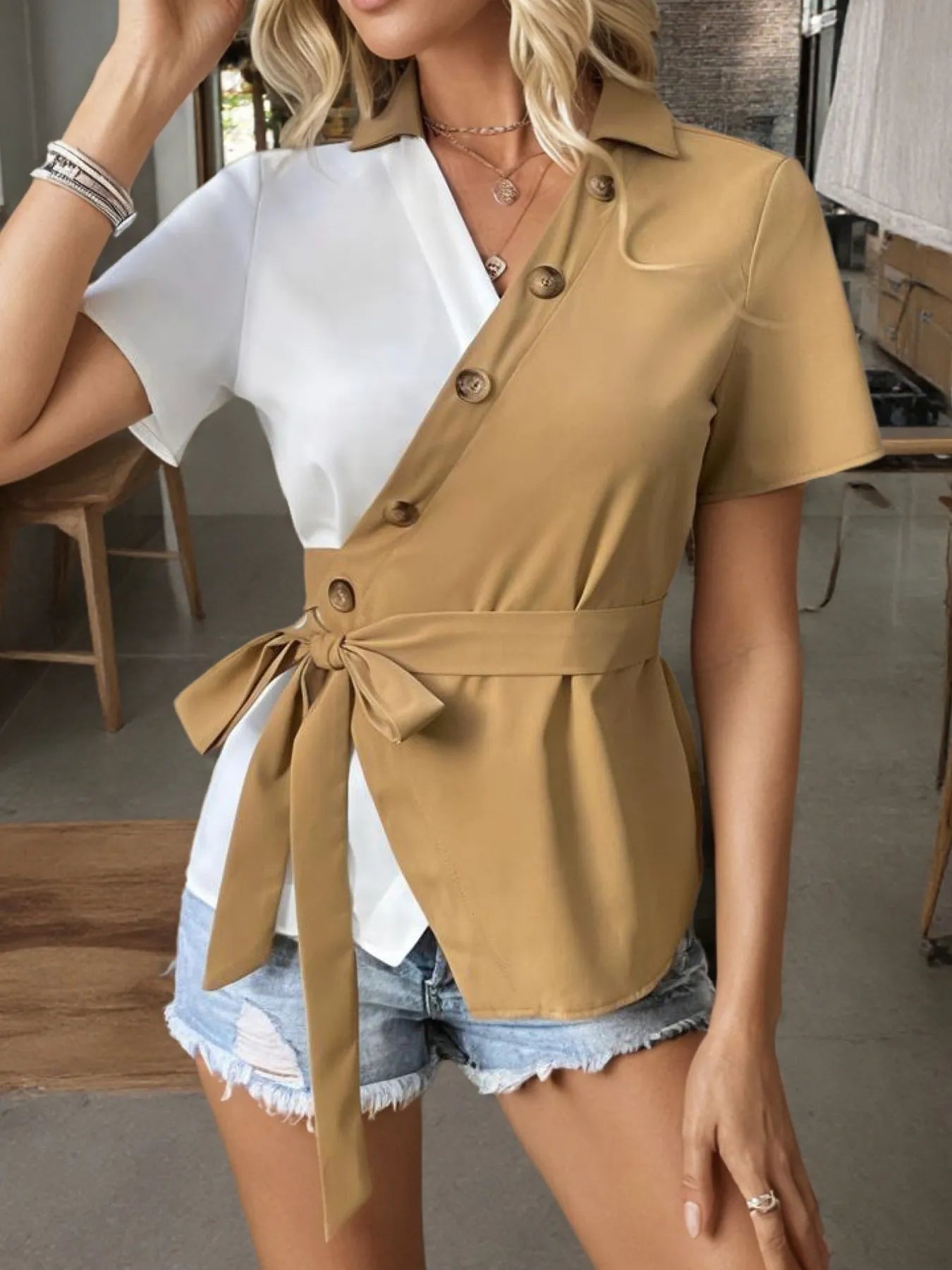 Two-Tone Short Sleeve Blouse with Tie Waist - Tigbul's Variety Fashion Shop