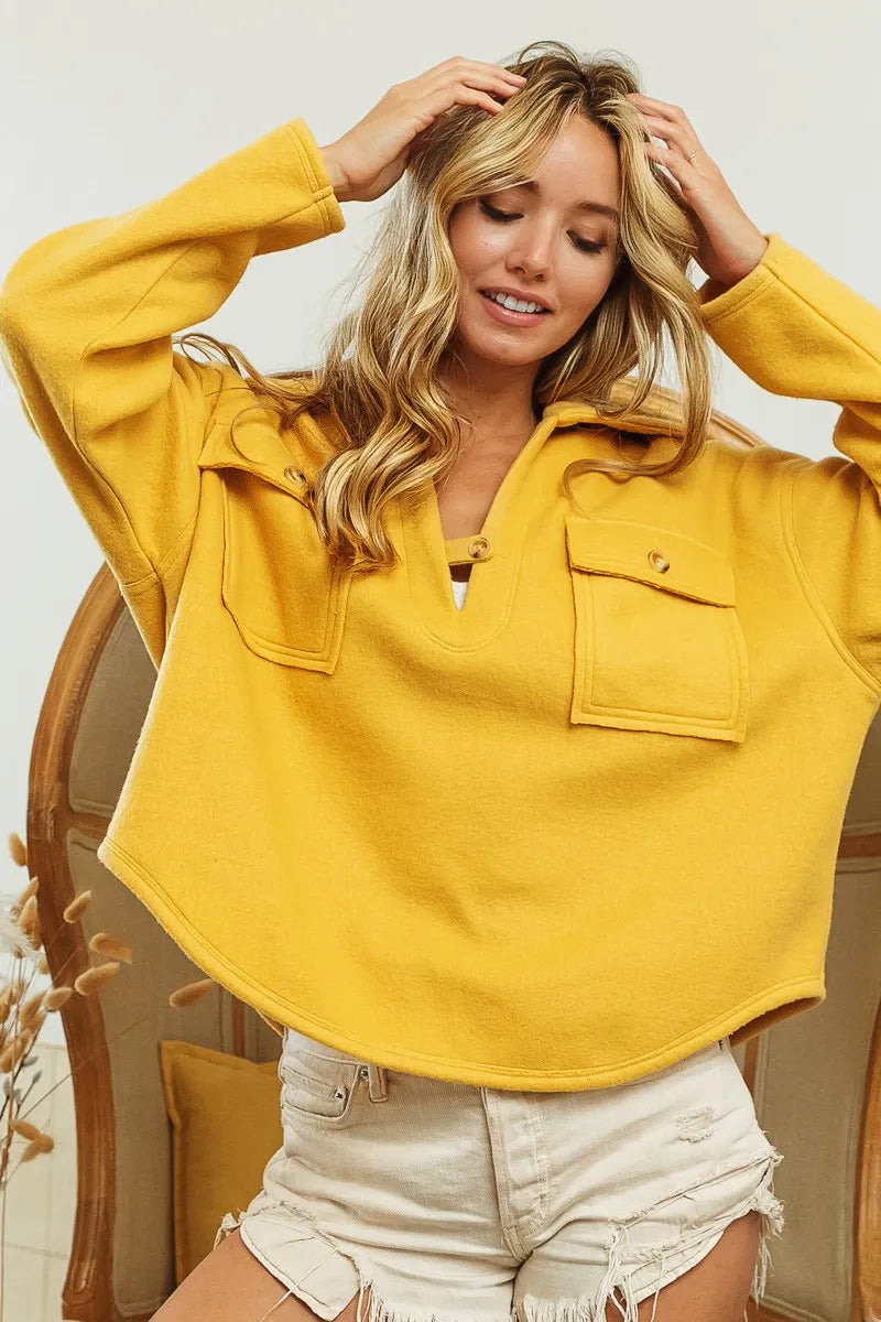 BiBi Flap Pockets Fleece Collared Sweatshirt - Tigbul's Variety Fashion Shop