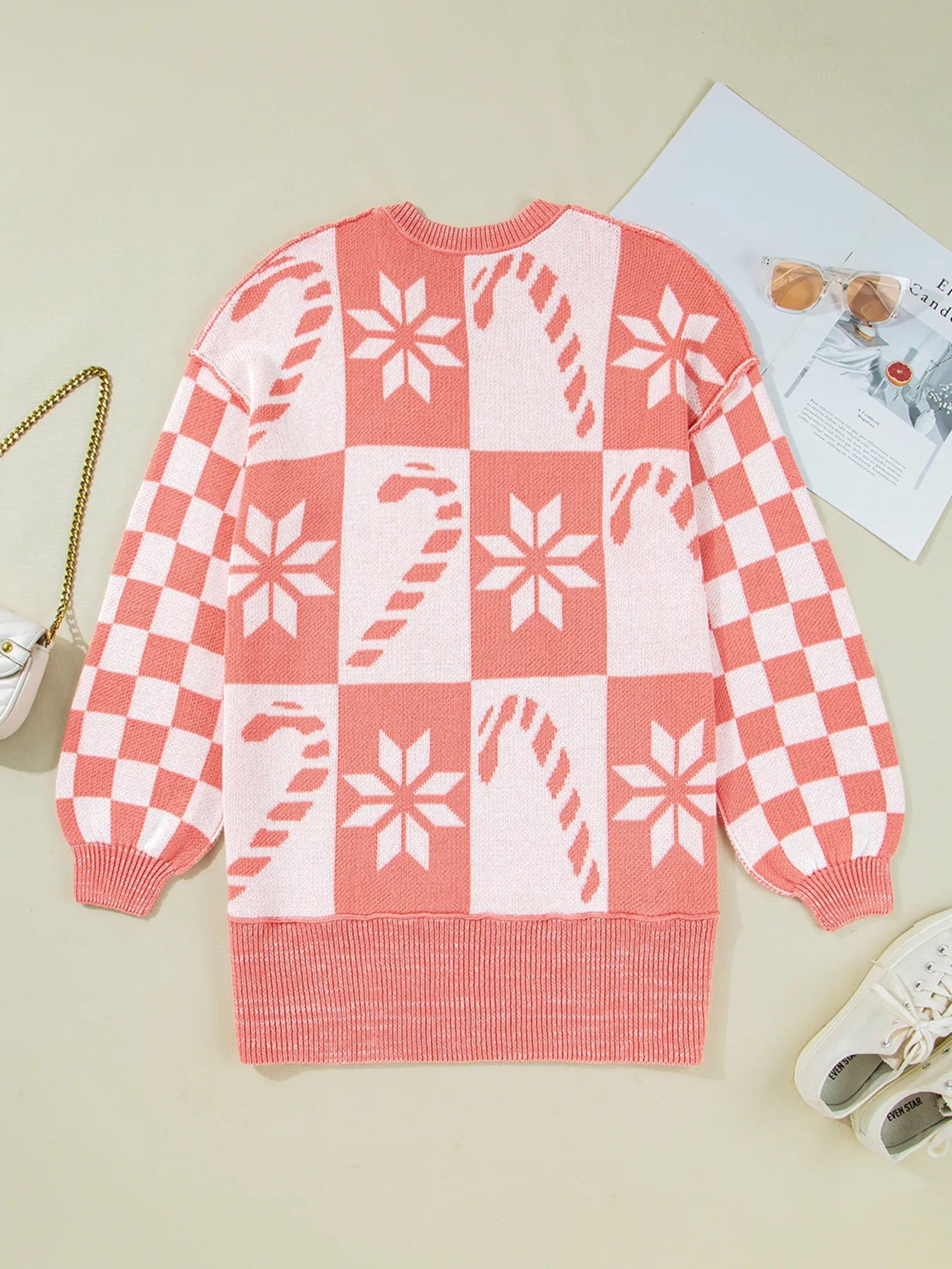 andycane Snowflake Checker Drop Shoulder Sweater - Tigbul's Variety Fashion Shop