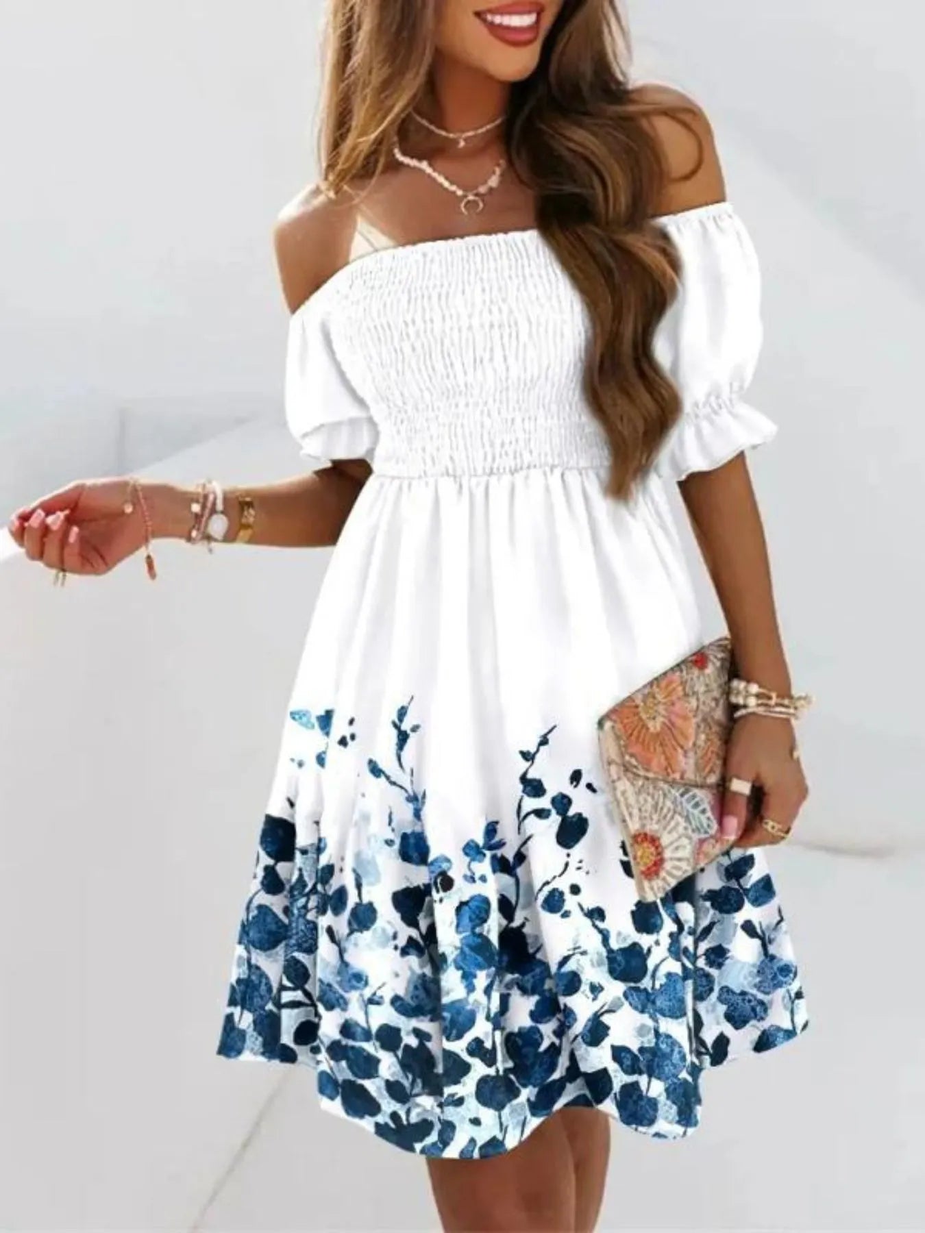 Off Shoulder Smocked Summer Dress - Tigbul's Variety Fashion Shop