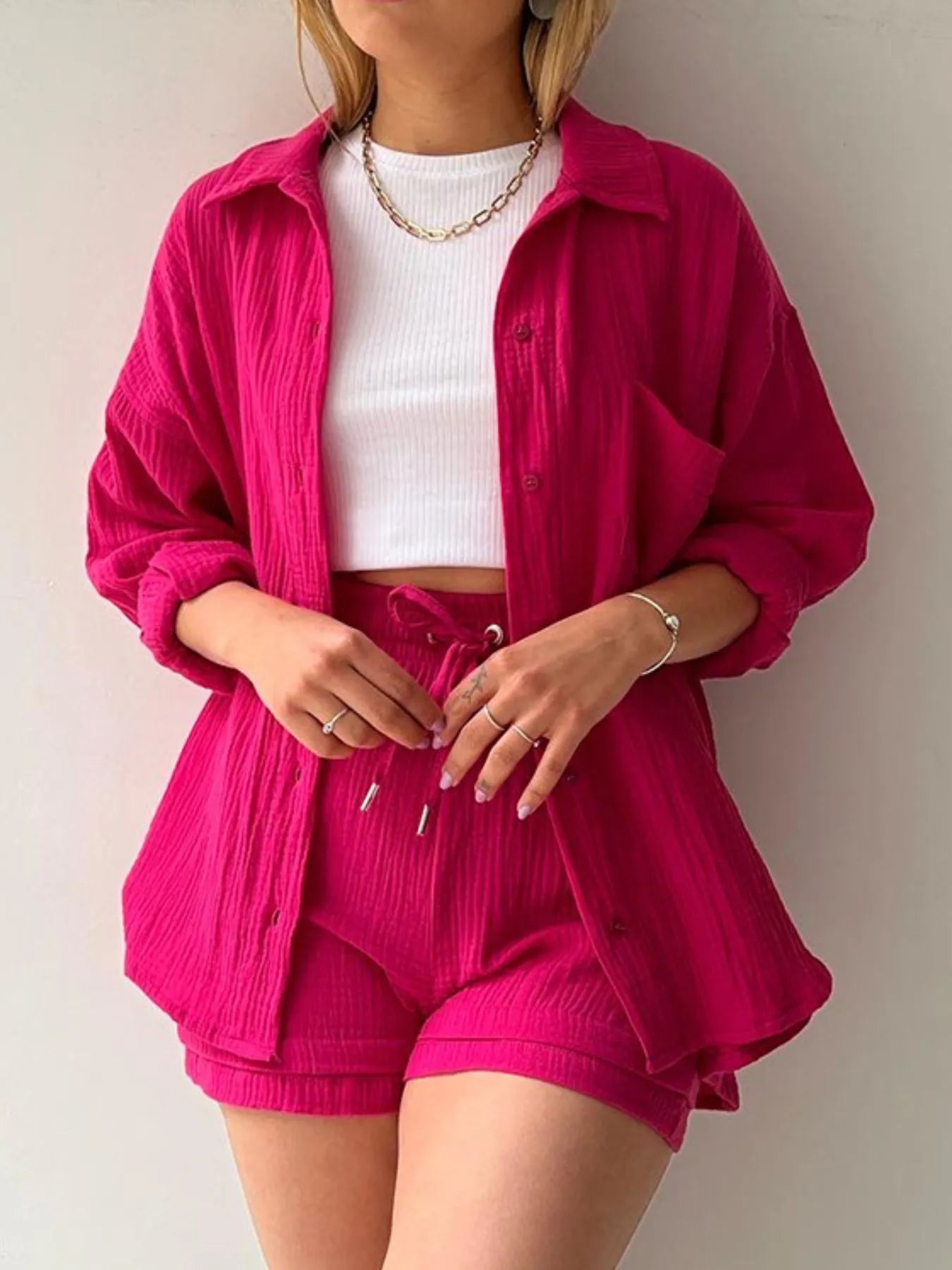 Textured Button Up Shirt and Shorts Set - Tigbul's Variety Fashion Shop