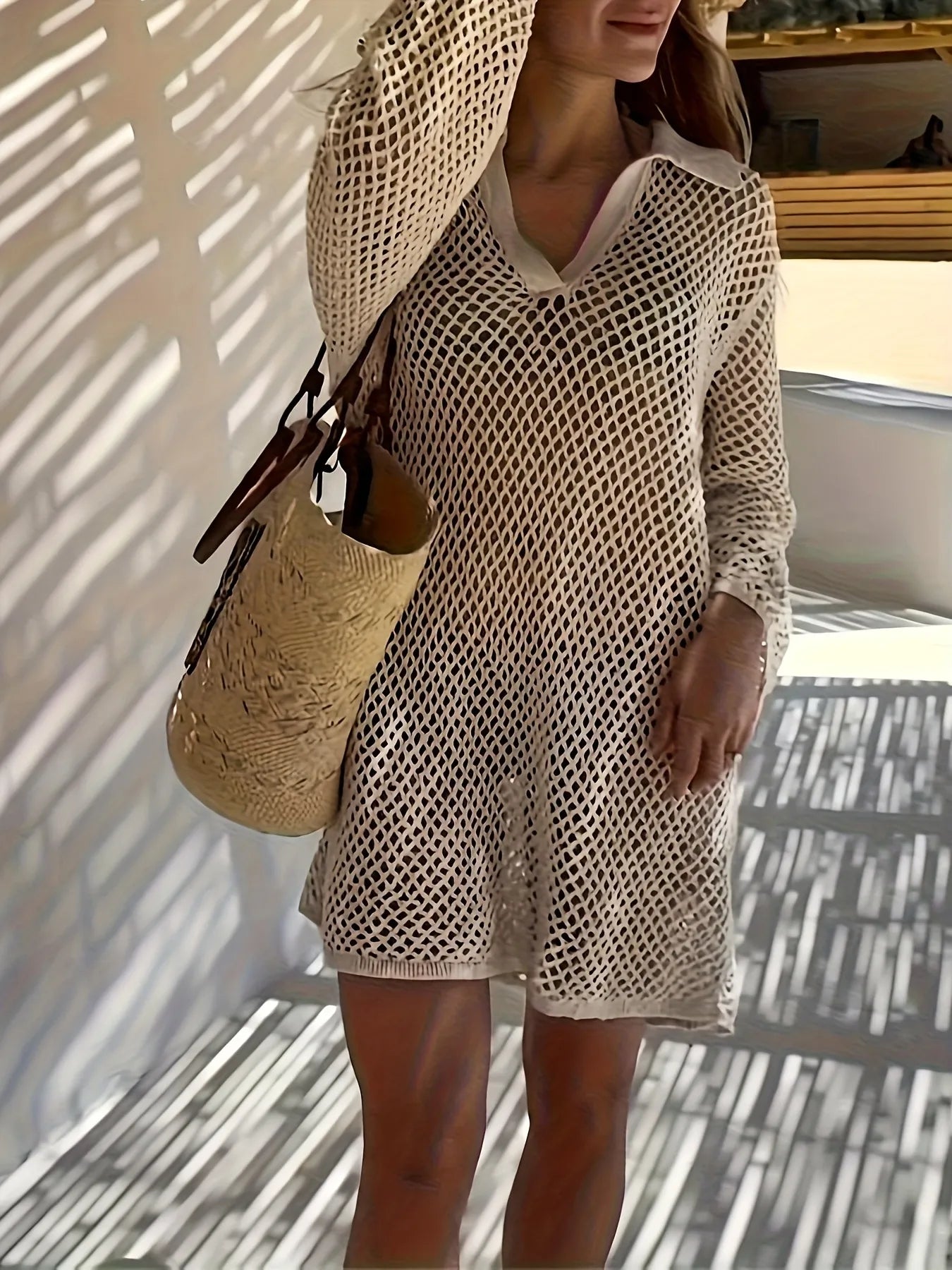 Collared Neck Long Sleeve Knit Cover Up Dress - Tigbul's Variety Fashion Shop