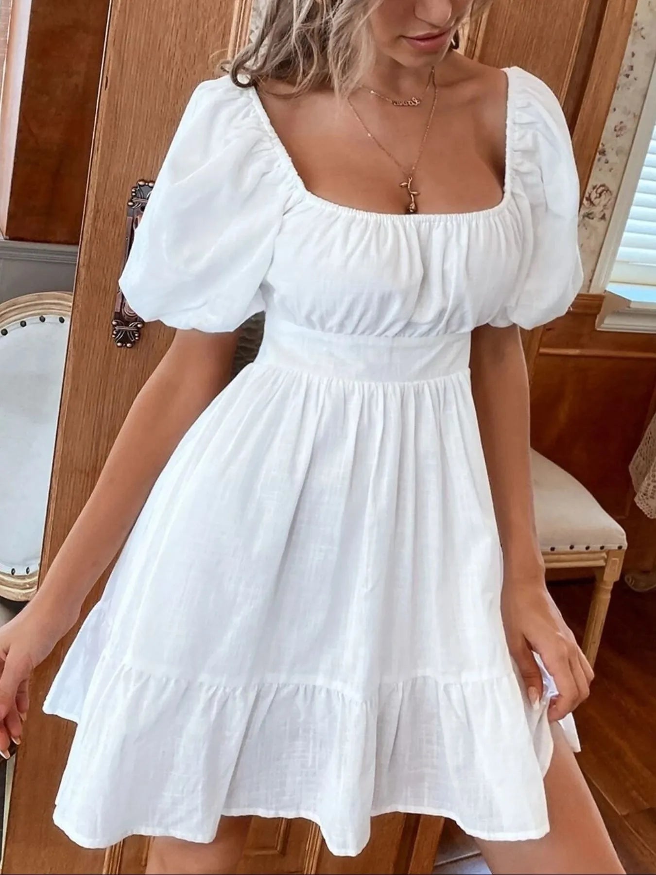 Square Neck Puff Sleeve Mini Dress - Tigbul's Variety Fashion Shop