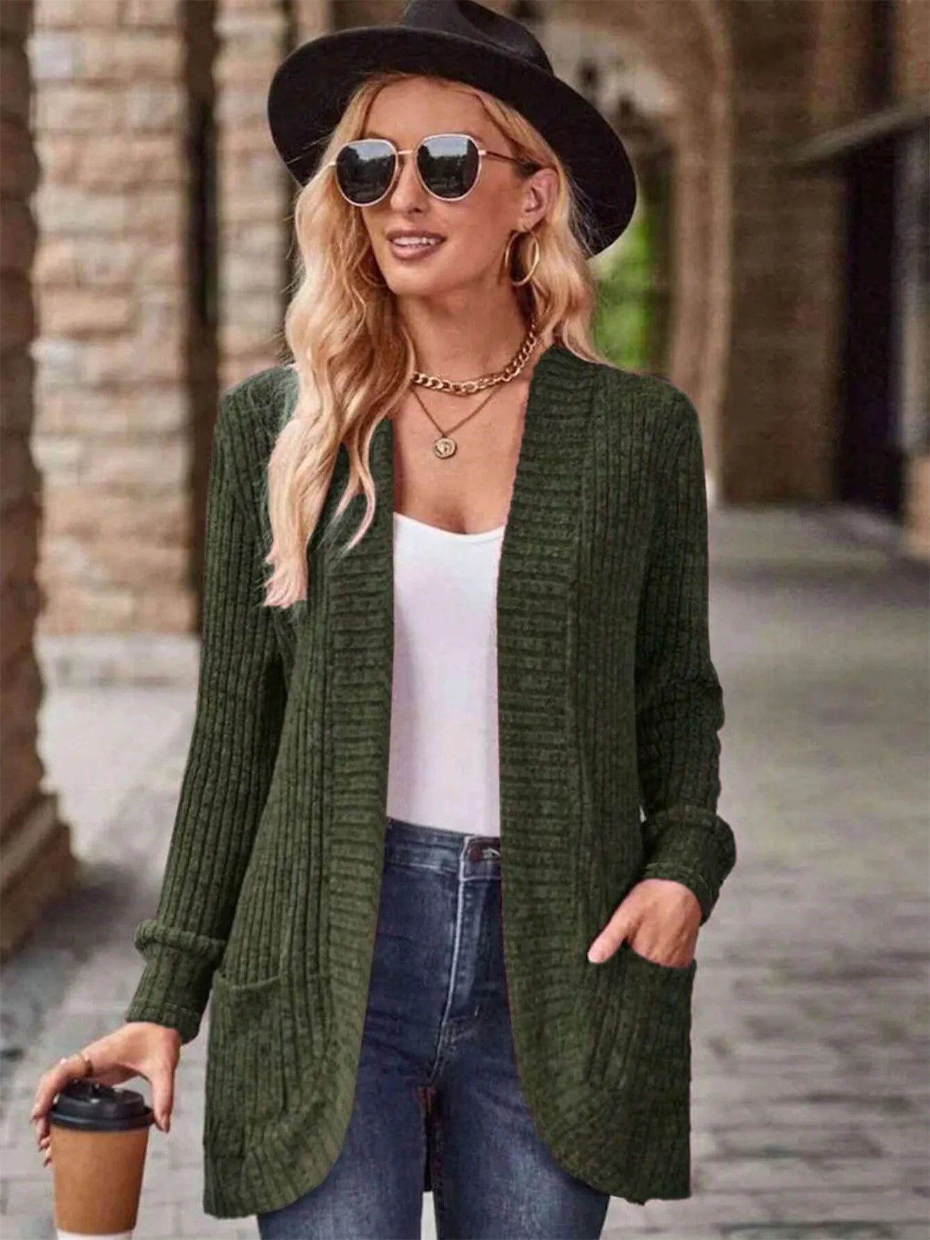 Ribbed Open Front Long Cardigan with Pockets - Tigbul's Variety Fashion Shop
