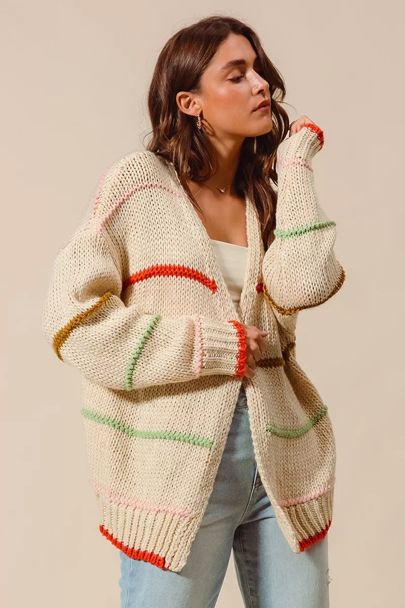 SO ME Loose Fit Multi Stripe Open Front Cardigan - Tigbul's Variety Fashion Shop