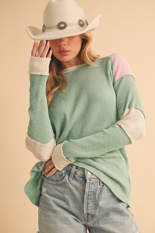 Raw Seam Color Block Round Neck Knit Top - Tigbul's Variety Fashion Shop