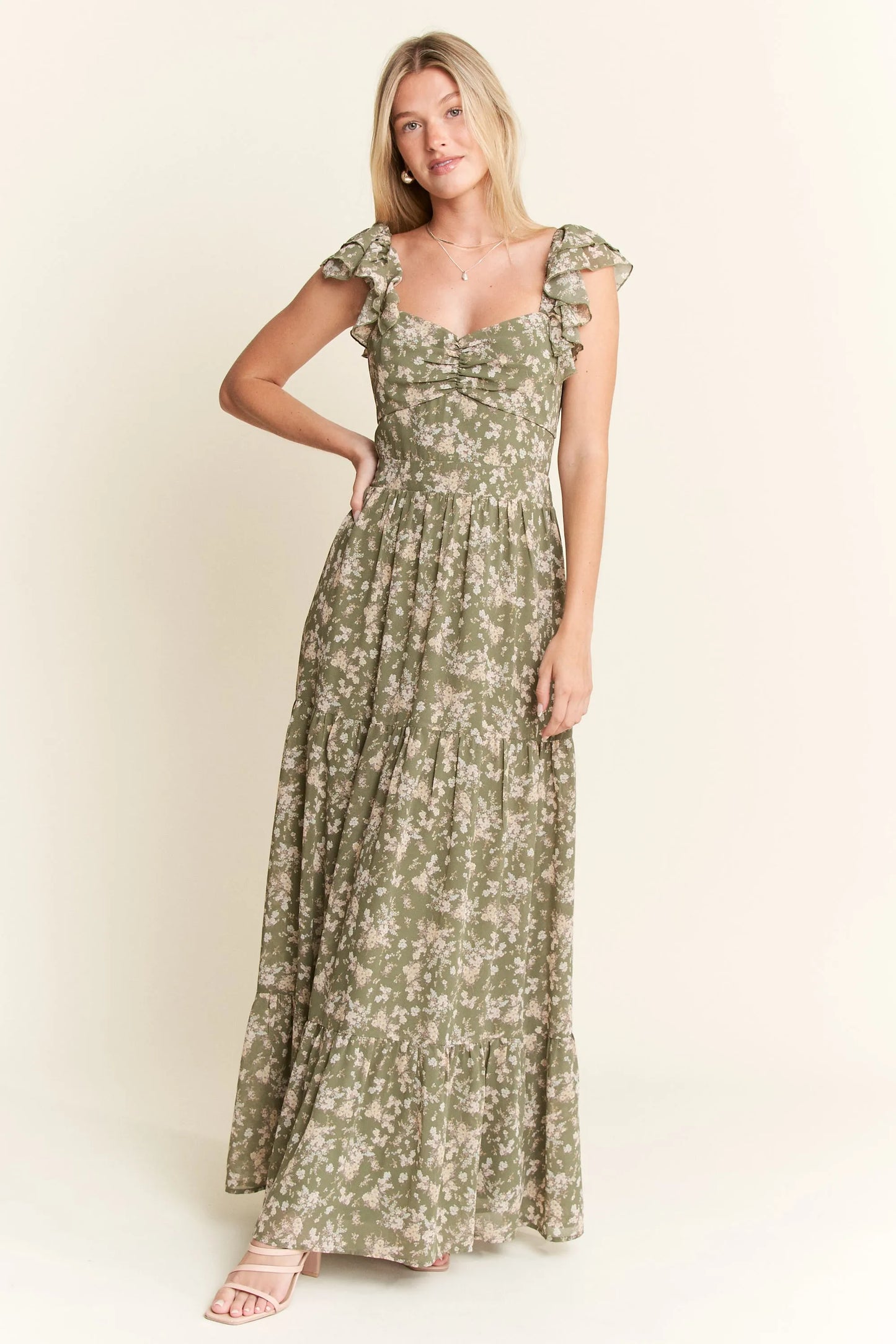 Sage Green Ruffle Sleeve Tiered Maxi Dress - Tigbul's Variety Fashion Shop