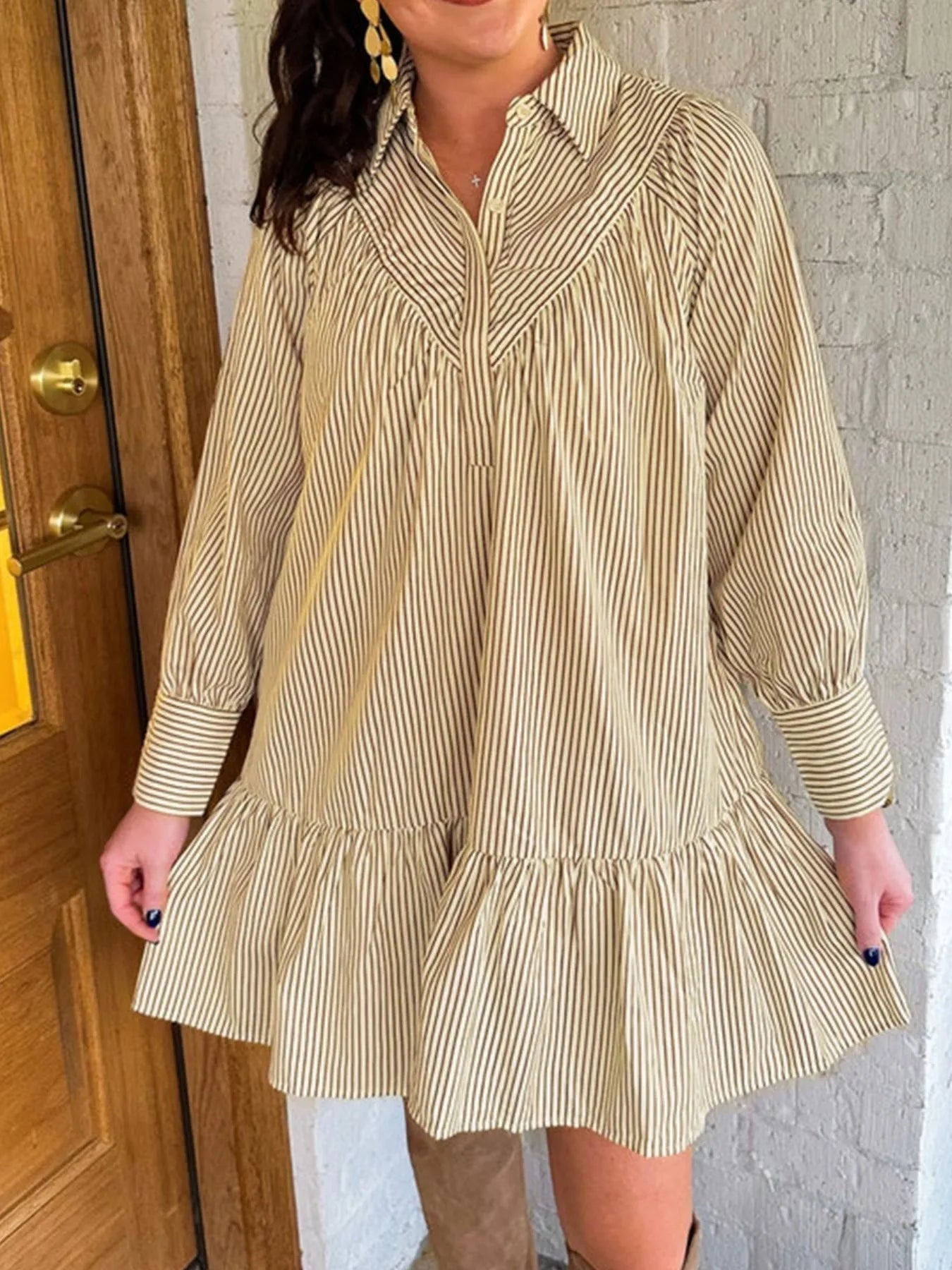 Stripe Collared Neck Cuffed Long Sleeve Drop Waist Mini Dress - Tigbul's Variety Fashion Shop