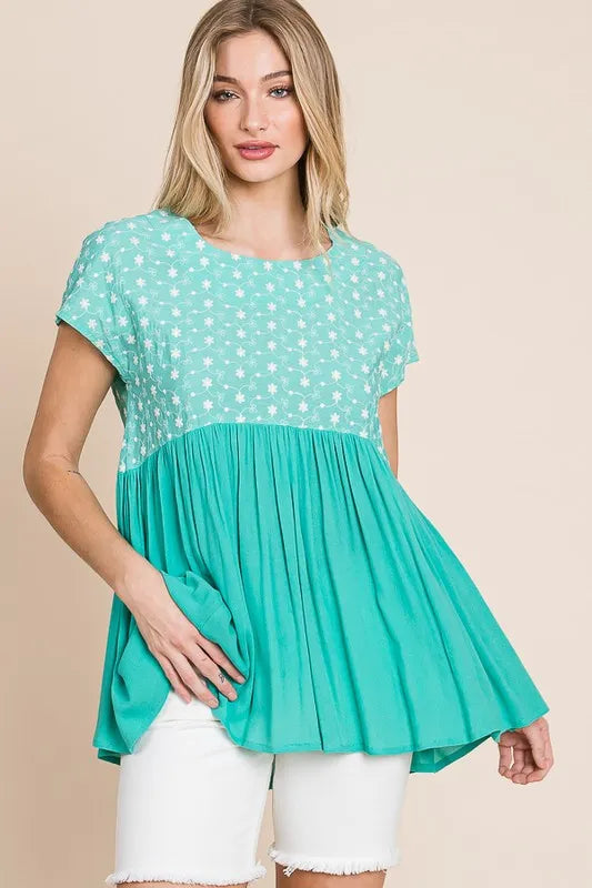 Embroidered Short Sleeve Pleated Babydoll Top Plus Size - Tigbul's Variety Fashion Shop