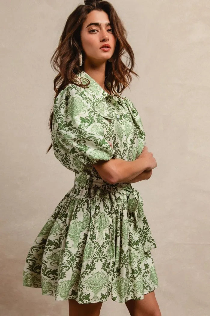 BiBi Tied Floral Short Sleeve Mini Shirt Dress - Tigbul's Variety Fashion Shop