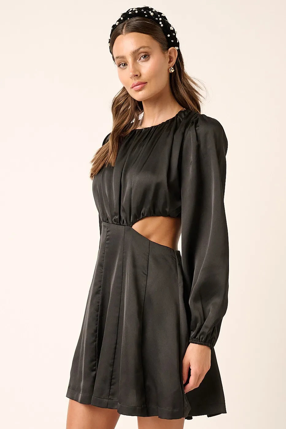 Black Satin Side Cutout Detail Mini Dress - Tigbul's Variety Fashion Shop