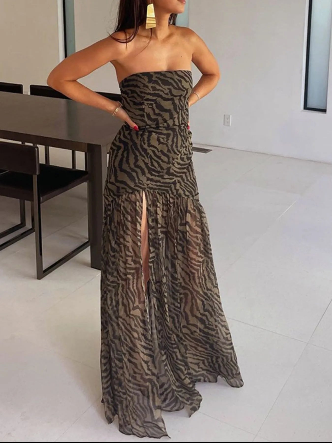 Zebra Print Maxi Dress with Side Slit - Tigbul's Variety Fashion Shop