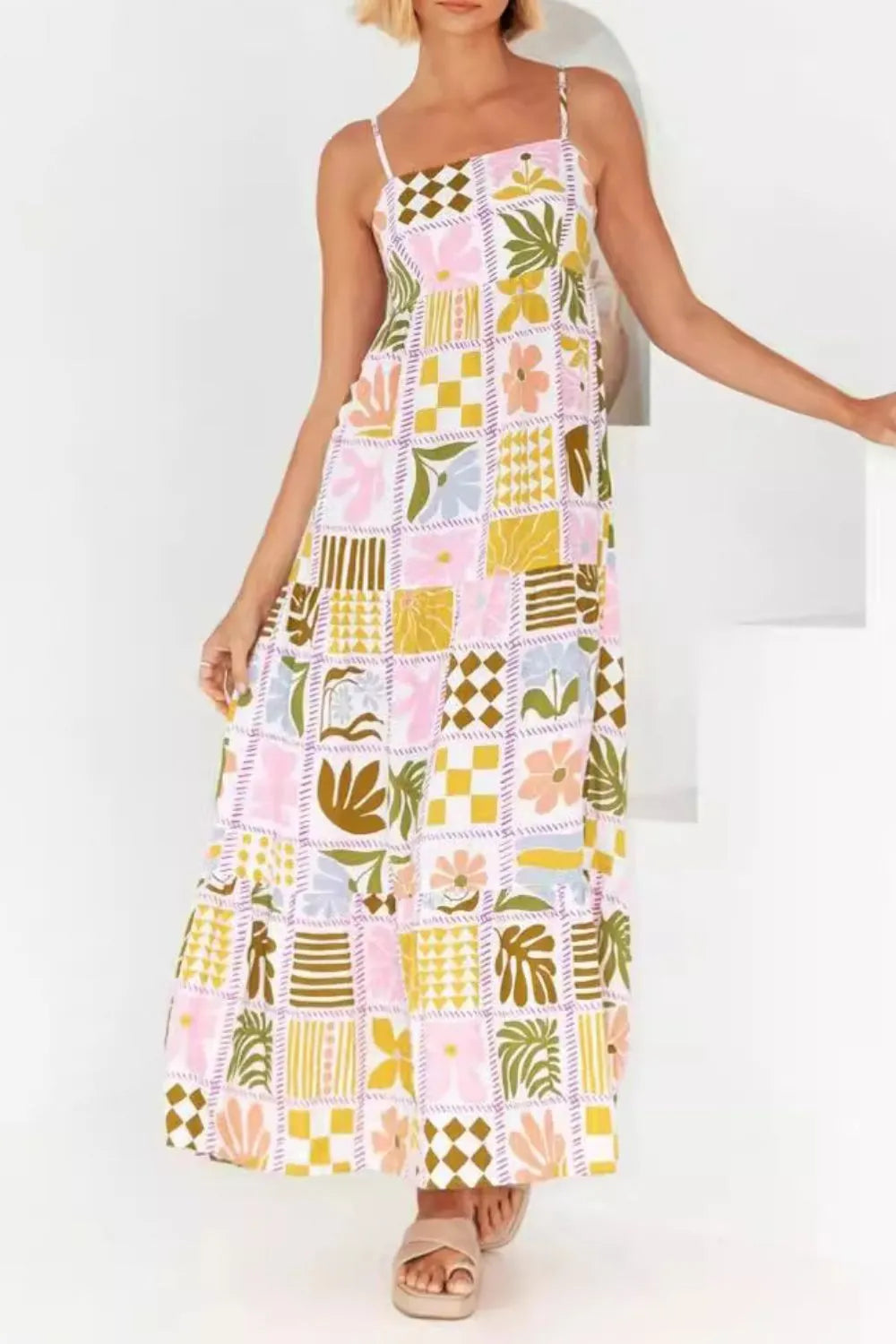 Cutout Back Printed Square Neck Maxi Cami Dress - Tigbul's Variety Fashion Shop