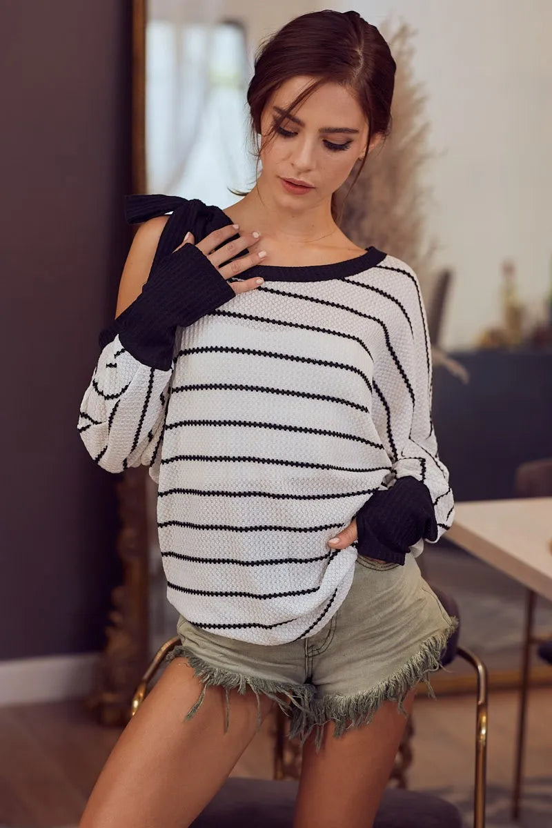 Stripe Yarn Dye Waffle One Shoulder Ribbon Detail Top - Tigbul's Variety Fashion Shop