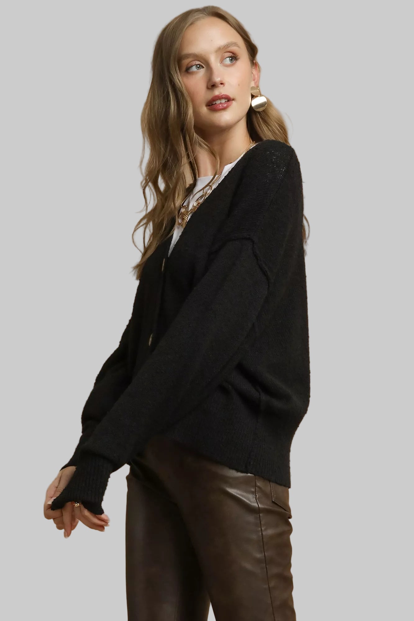 Black Button-Front V-Neck Knit Cardigan - Tigbul's Variety Fashion Shop