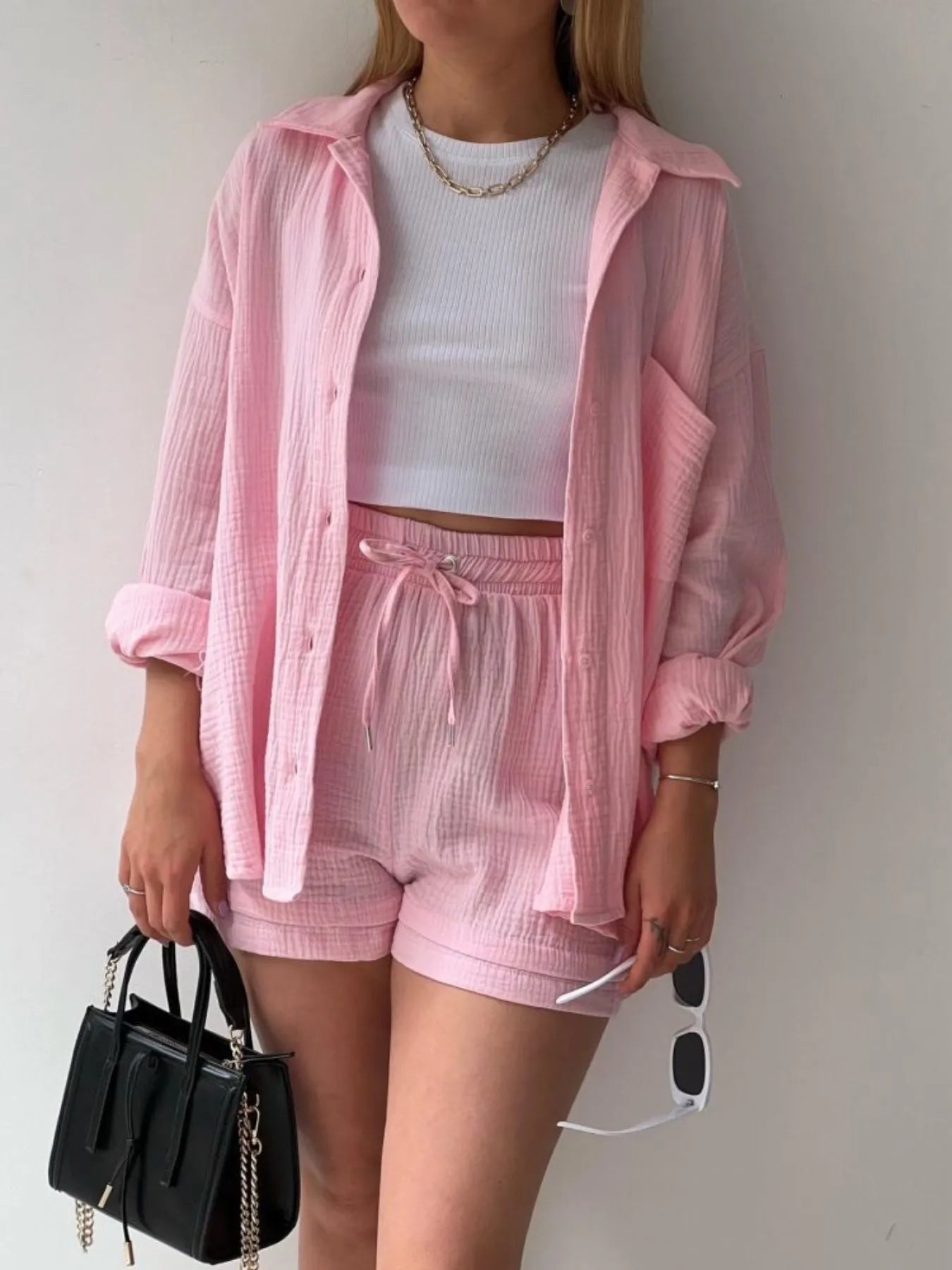 Textured Button Up Shirt and Shorts Set - Tigbul's Variety Fashion Shop