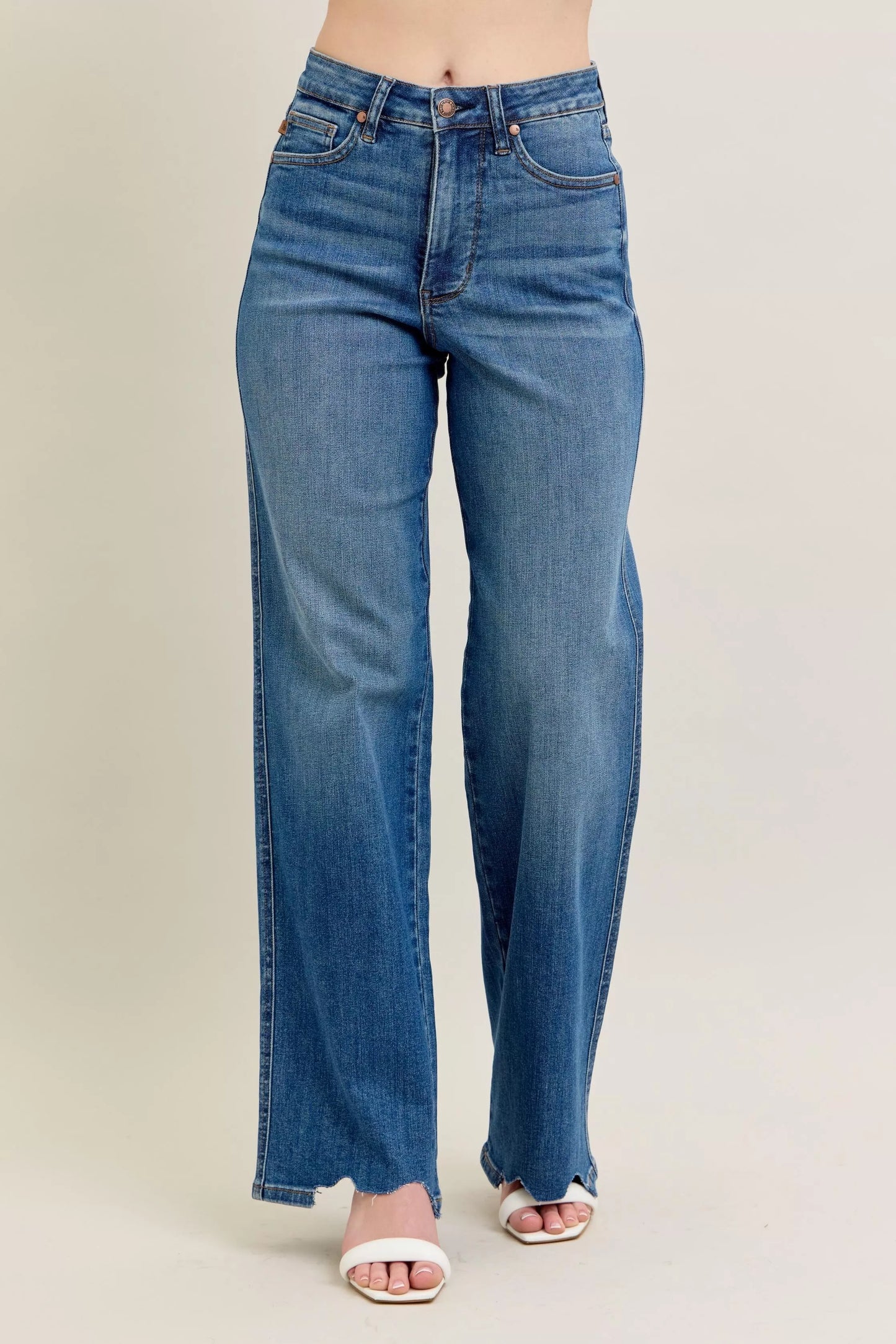 Judy Blue Full Size High Waist Tummy Control Chew Hem Destroy Wide Jeans Plus Size - Tigbul's Variety Fashion Shop