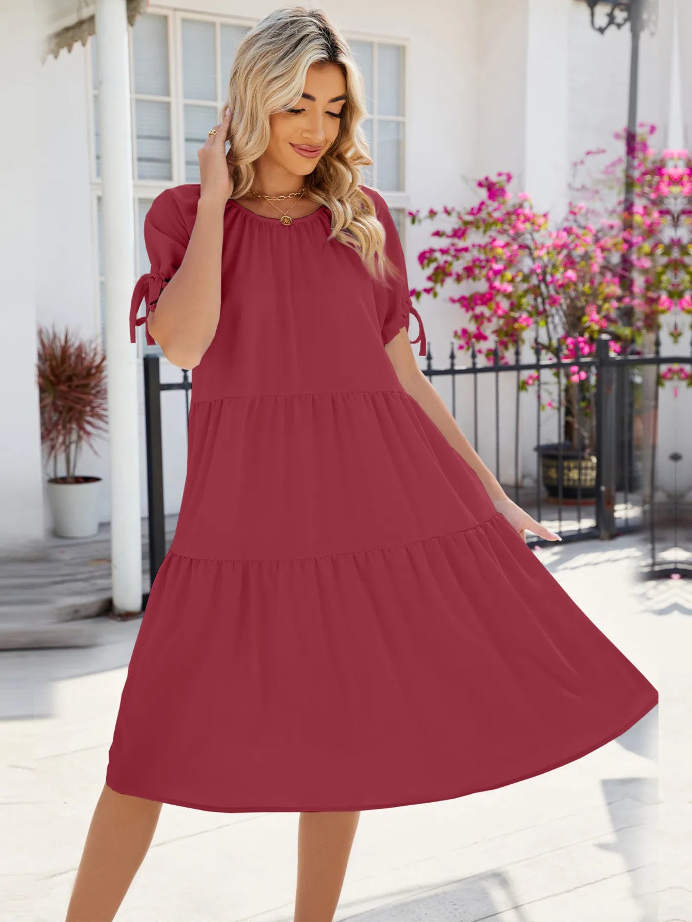 Tiered Round Neck Summer Dress - Tigbul's Variety Fashion Shop