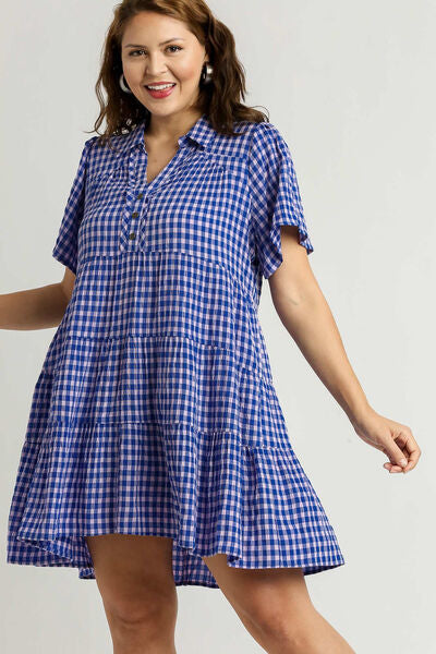 Blue Gingham Tiered Button Detail Short Sleeve Dress - Tigbul's Variety Fashion Shop