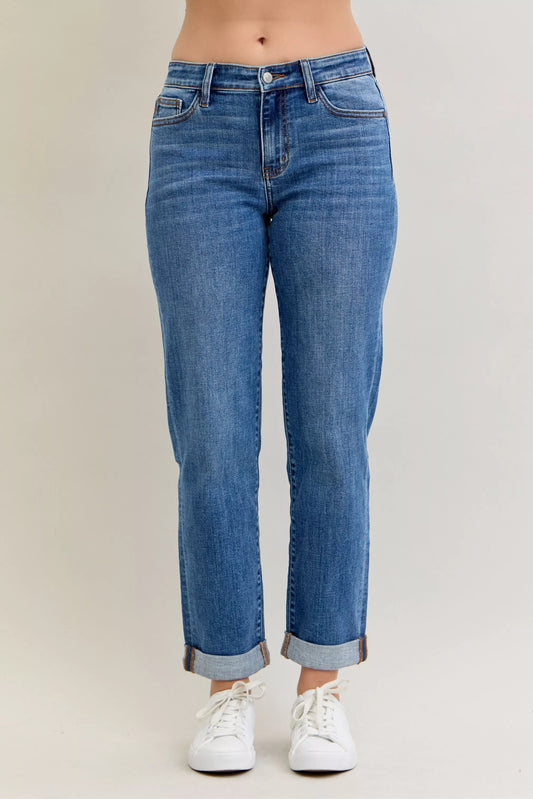 Judy Blue Full Size Mid Rise BF Classic Cuffed Jeans Plus Size - Tigbul's Variety Fashion Shop